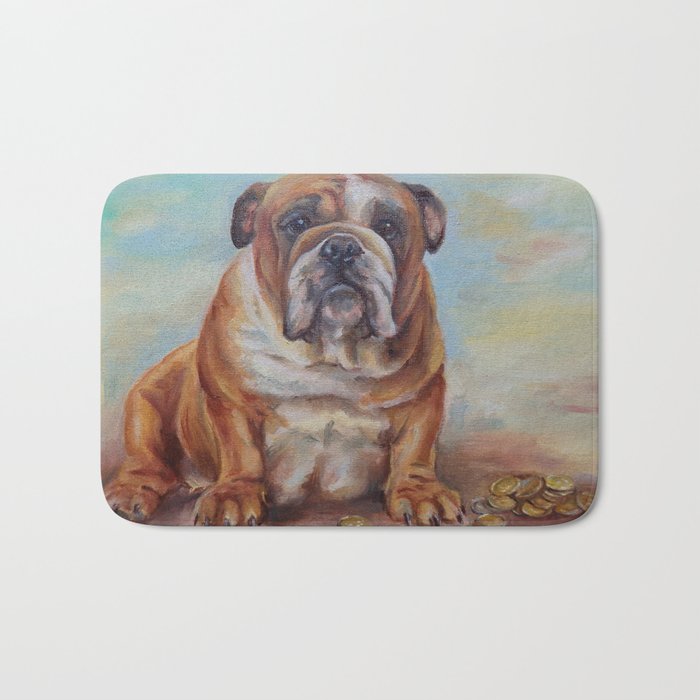 Dogmoney Funny portrait of English Bulldog with cash money Oil painting on canvas Bath Mat
