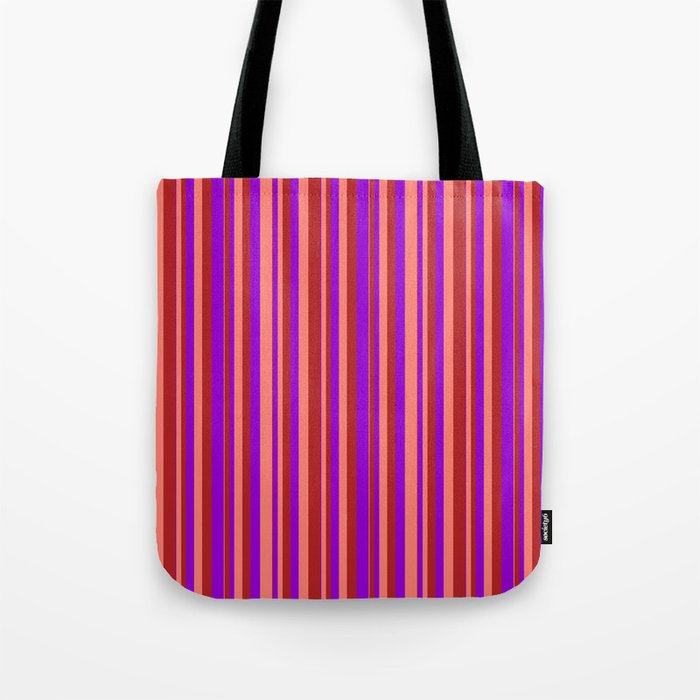 Dark Violet, Salmon & Red Colored Stripes/Lines Pattern Tote Bag