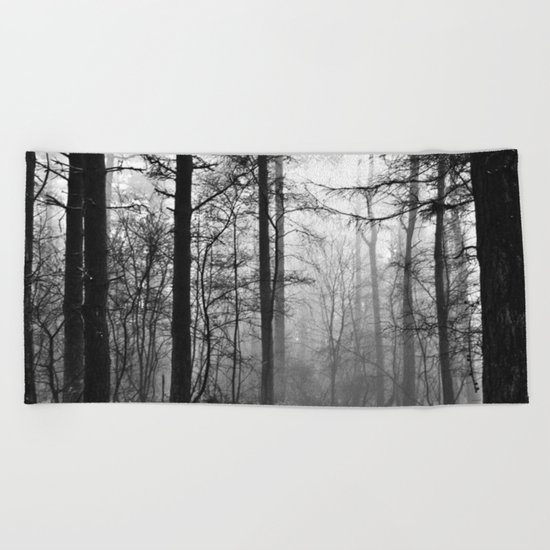 Dark & Eerie Foggy Forest (Black & White) Beach Towel