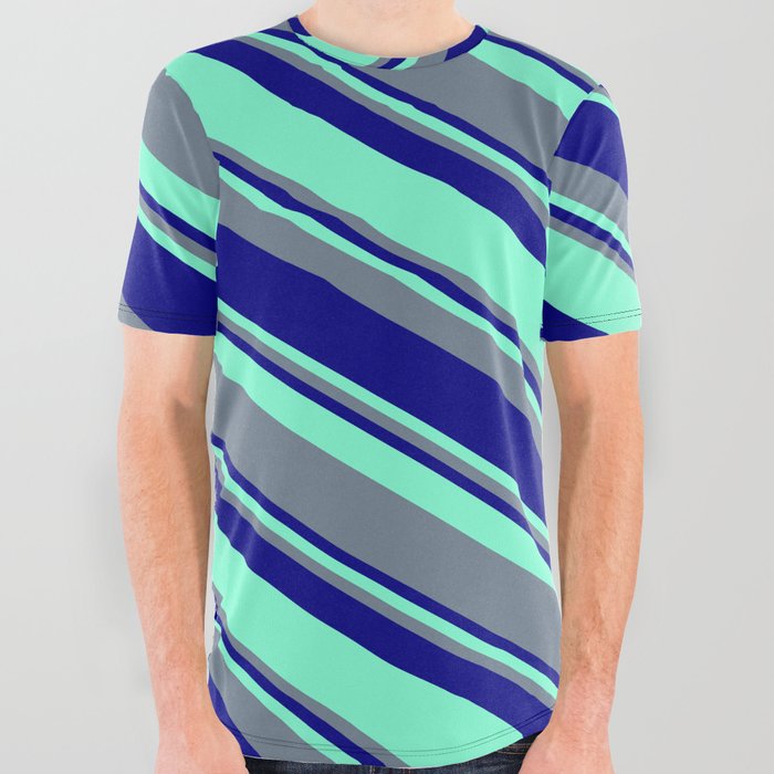 Aquamarine, Slate Gray, and Blue Colored Pattern of Stripes All Over Graphic Tee