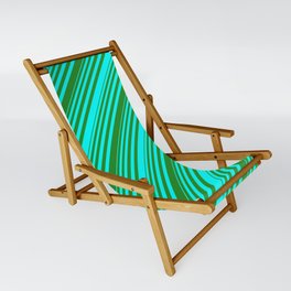 [ Thumbnail: Cyan and Forest Green Colored Lined/Striped Pattern Sling Chair ]