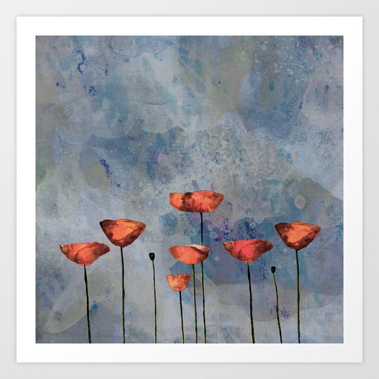 Poppyfield against the blue sky- abstract watercolor artwork Art Print