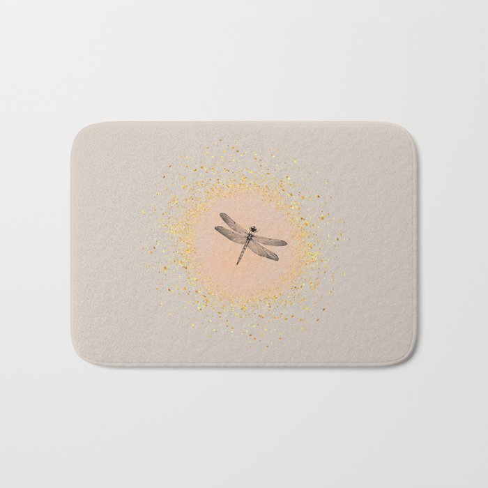 Sketched Dragonfly and Gold Circle Frame on Sand Beige Bath Mat