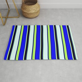[ Thumbnail: Blue, Light Green, Light Cyan & Black Colored Striped/Lined Pattern Rug ]