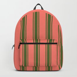 [ Thumbnail: Salmon & Dark Olive Green Colored Stripes Pattern Backpack ]