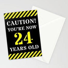 [ Thumbnail: 24th Birthday - Warning Stripes and Stencil Style Text Stationery Cards ]