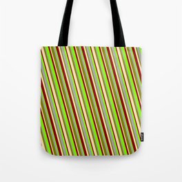 [ Thumbnail: Eye-catching Dark Grey, Green, Beige, Dark Red, and Chartreuse Colored Lined/Striped Pattern Tote Bag ]