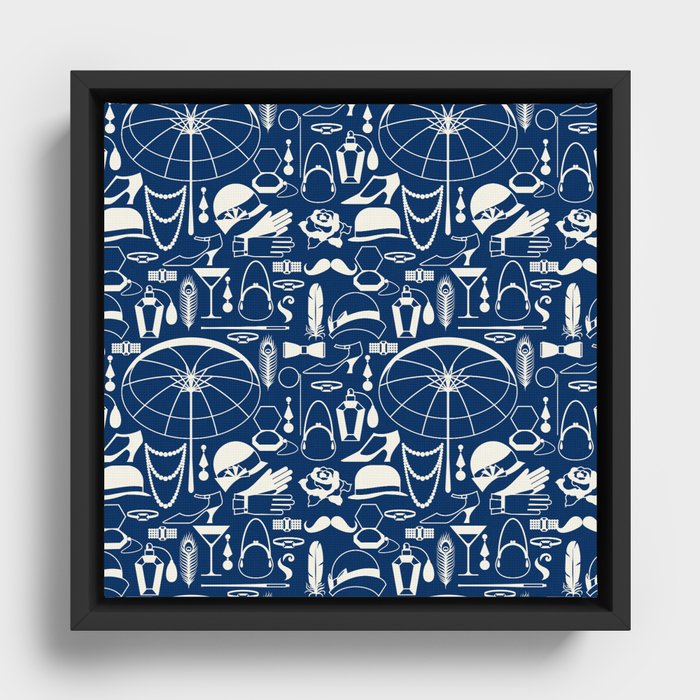 White Old-Fashioned 1920s Vintage Pattern on Navy Blue Framed Canvas