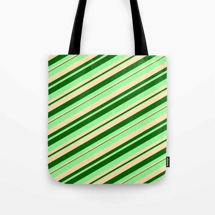 Dark Green, Green, and Beige Colored Stripes Pattern Tote Bag