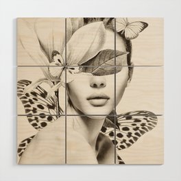 PORTRAIT /Woman with flower and butterflies Wood Wall Art