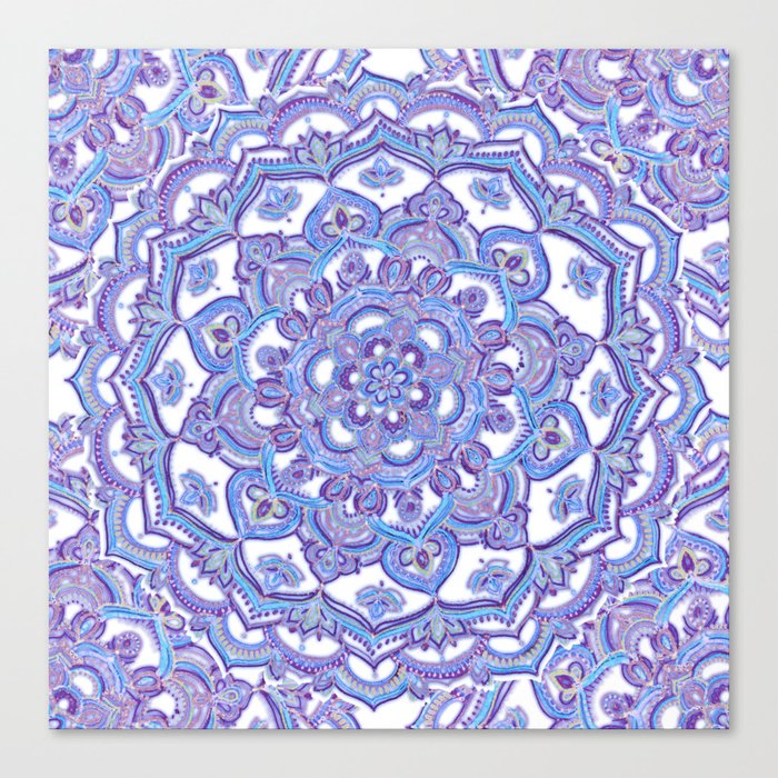 Lilac Spring Mandala - floral doodle pattern in purple & white Canvas Print