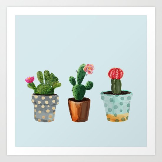 Three Cacti With Flowers On Light Blue Background Art Print