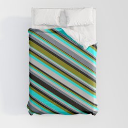 [ Thumbnail: Colorful Black, Green, Aqua, Light Gray, and Slate Gray Colored Stripes/Lines Pattern Duvet Cover ]