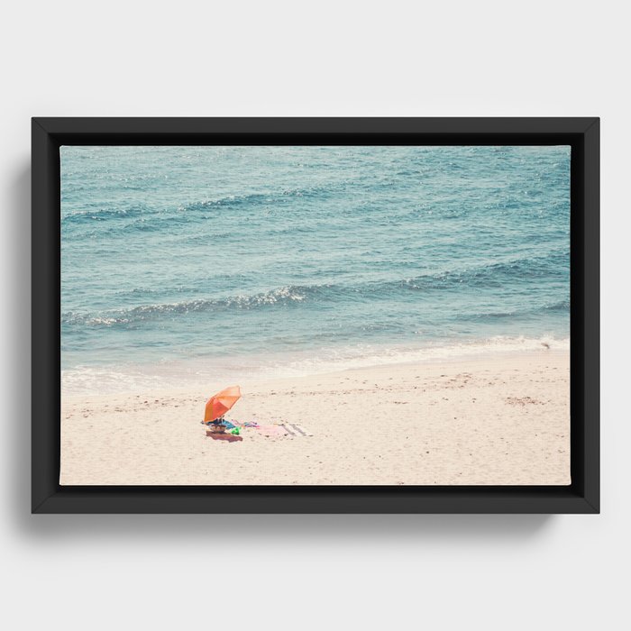 Aerial Orange Beach Umbrella - Ocean - Beach and Sea photography by Ingrid Beddoes Framed Canvas