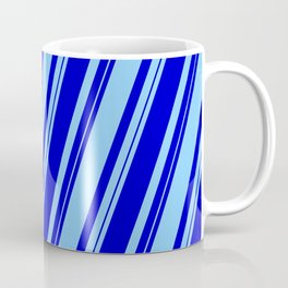 [ Thumbnail: Blue and Light Sky Blue Colored Lined/Striped Pattern Coffee Mug ]