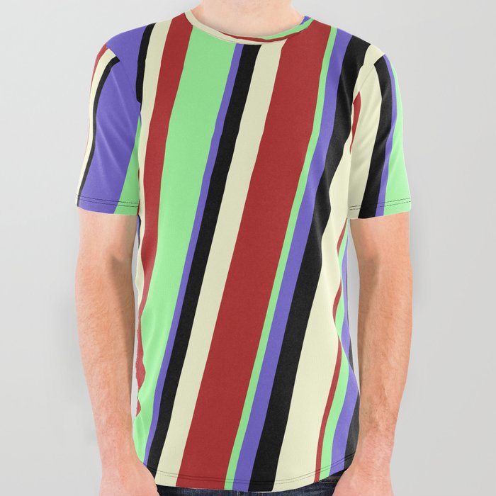 Green, Slate Blue, Black, Light Yellow, and Red Colored Stripes Pattern All Over Graphic Tee