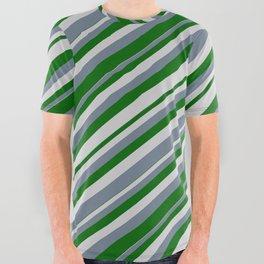 [ Thumbnail: Slate Gray, Dark Green & Light Gray Colored Striped/Lined Pattern All Over Graphic Tee ]