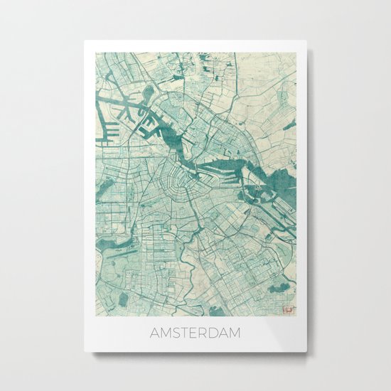 Amsterdam Map Blue Vintage Metal Print