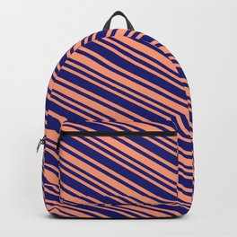 [ Thumbnail: Light Salmon & Midnight Blue Colored Stripes/Lines Pattern Backpack ]