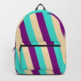 [ Thumbnail: Turquoise, Purple & Tan Colored Stripes/Lines Pattern Backpack ]