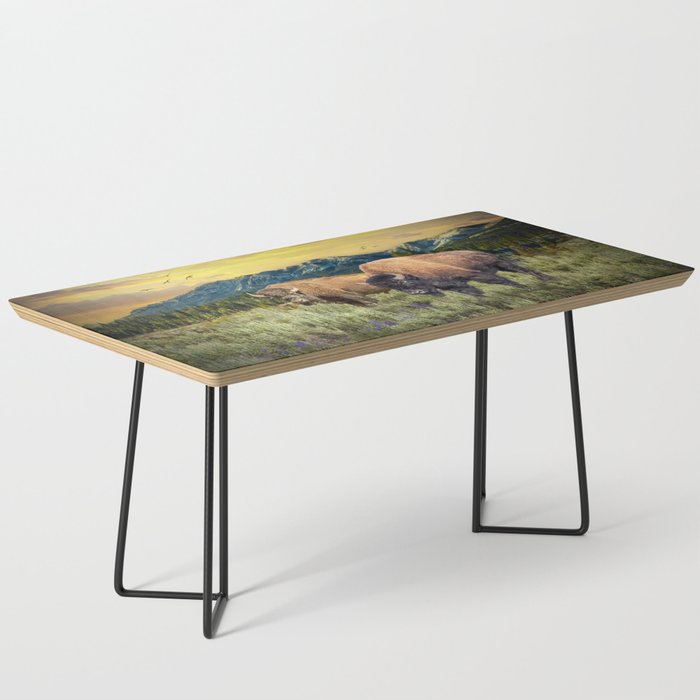 American Buffalo Western Landscape with Mountain Sunset in Yellowstone National Park Coffee Table