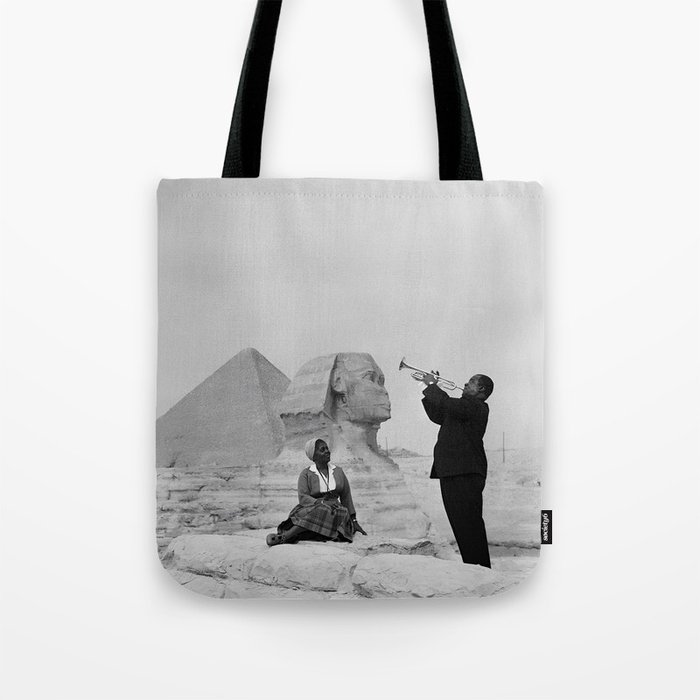 Louis Armstrong at the Spinx and Egyptian Pyrimids Vintage black and white photography / photographs Tote Bag