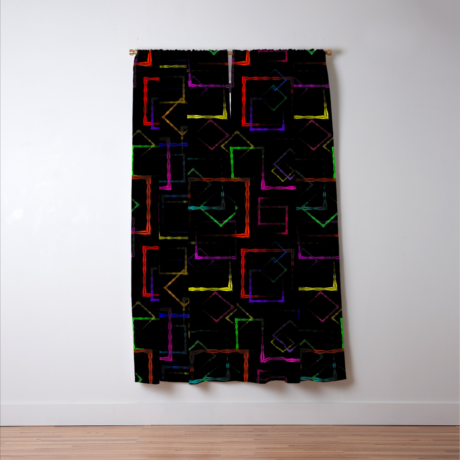 Bright Colored Carved Squares And Neon Rhombuses For An Abstract Black Background Or Pattern Blackout Curtain By Grachyhamr