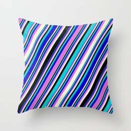 [ Thumbnail: Eye-catching Dark Turquoise, Blue, Orchid, Beige, and Black Colored Stripes Pattern Throw Pillow ]