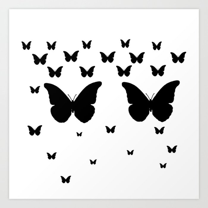 Gothic Ebony Black Butterflies White Black Art Art Print By