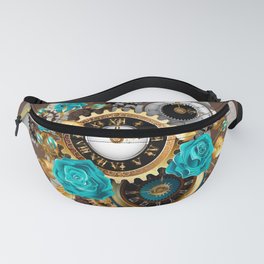 Steampunk Striped Background with Clock and Turquoise Roses Fanny Pack