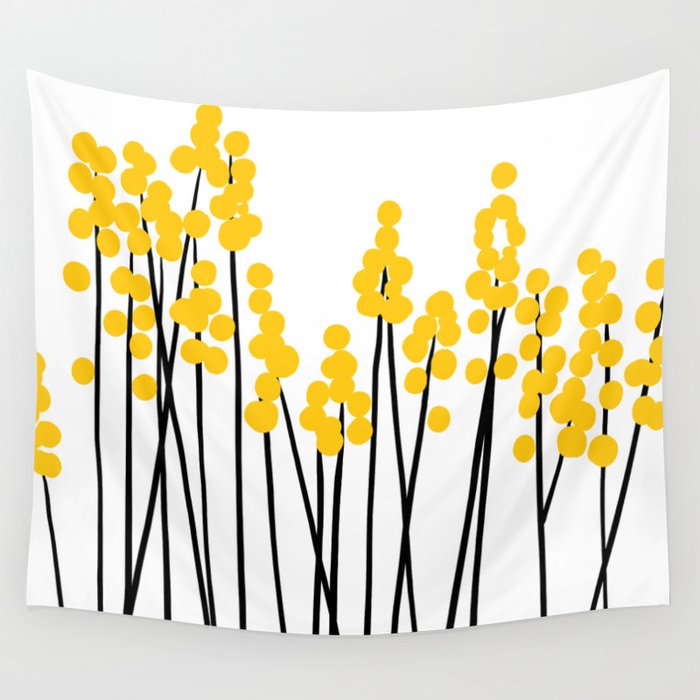 Hello Spring! Yellow/Black Retro Plants on White #decor #society6 #buyart Wall Tapestry