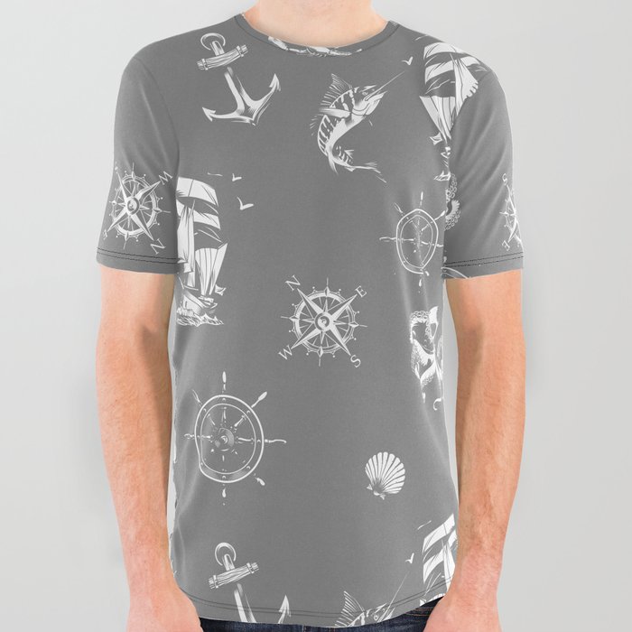 Grey And White Silhouettes Of Vintage Nautical Pattern All Over Graphic Tee