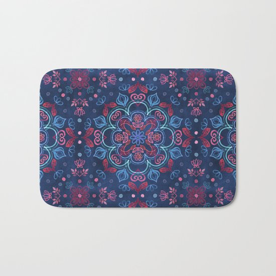 Cherry Red & Navy Blue Watercolor Floral Pattern Bath Mat