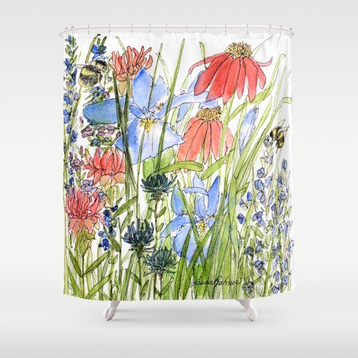 Botanical Garden Wildflowers and Bees Shower Curtain