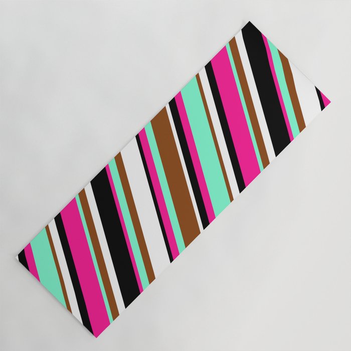 Vibrant Deep Pink, Aquamarine, Brown, White, and Black Colored Striped Pattern Yoga Mat