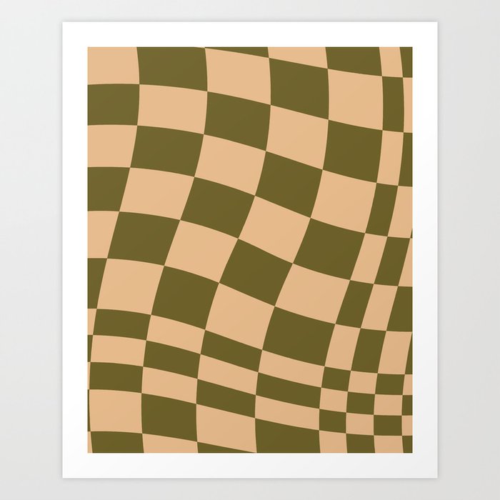 checked wave – peach and olive Art Print