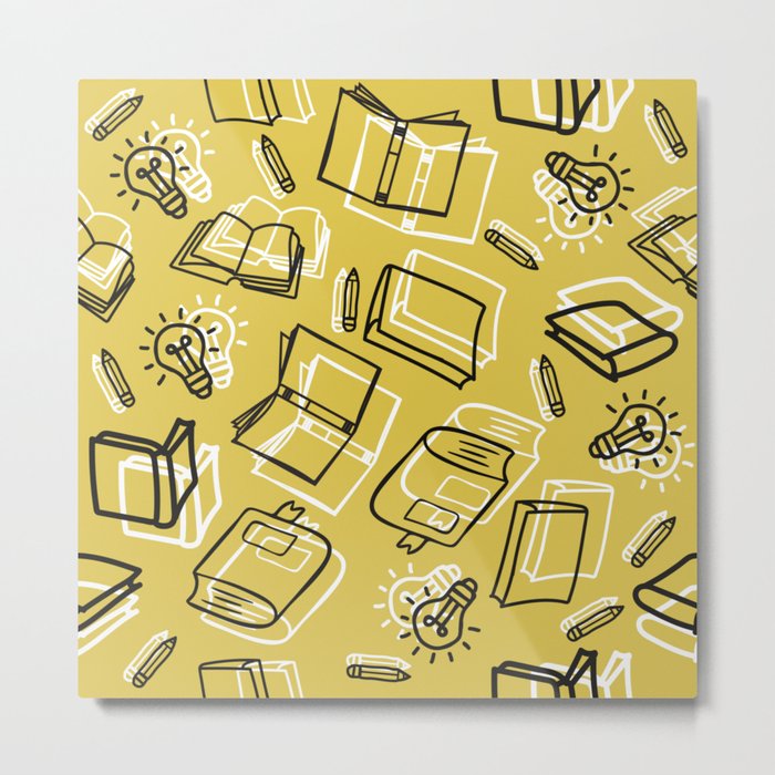 Hand Drawn Outline Books with Education Items Seamless Pattern Metal Print