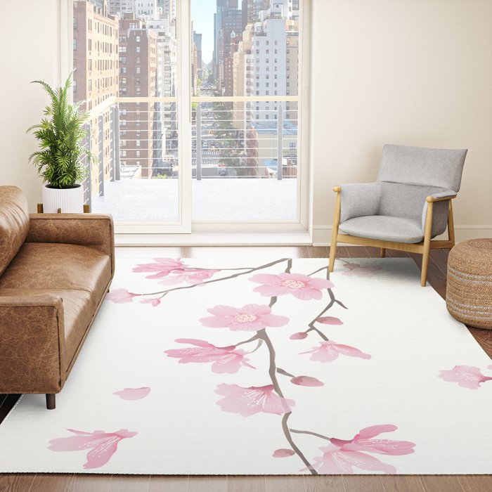 2' x 3' Area Rug, Cherry Blossom Non-Skid Rubber Backing Large Rectangle  Rugs - Living Room Bedroom Home Office Spring Pink Floral Painting Burlap