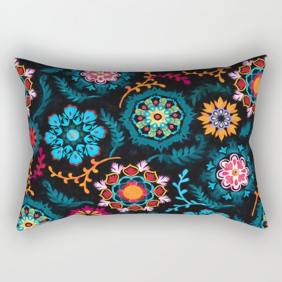 Suzani Inspired Pattern on Black Rectangular Pillow