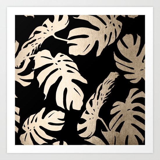 Simply Palm Leaves in White Gold Sands on Midnight Black Art Print