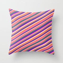 [ Thumbnail: Eyecatching Coral, Hot Pink, Sea Green, Dark Violet, and Tan Colored Pattern of Stripes Throw Pillow ]