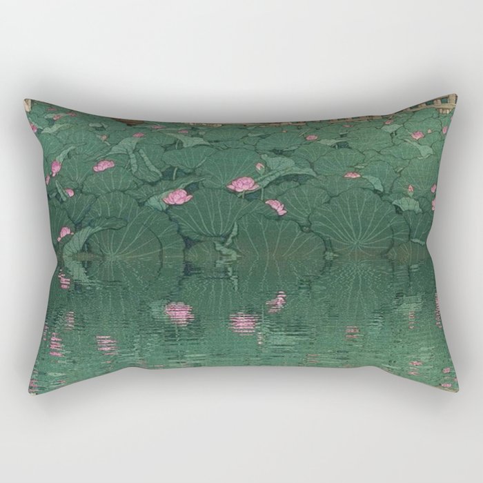 The lily pond at Benten Shrine in Shiba, Japan floral Japanese landscape painting by Kawase Hasui Rectangular Pillow
