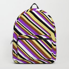 [ Thumbnail: Vibrant Tan, Brown, Dark Orchid, White & Black Colored Lines Pattern Backpack ]
