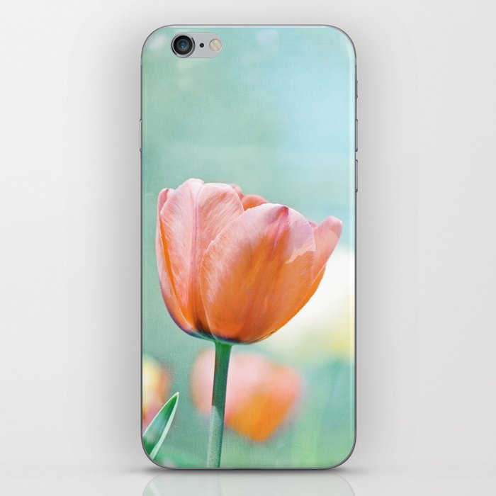 Tulip Flower Photography, Mint Teal Orange Tulips, Aqua Floral Photograph iPhone Skin