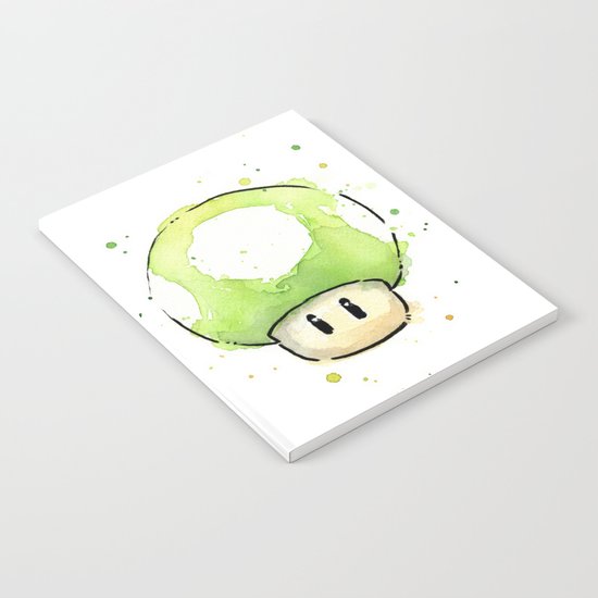1UP Green Mushroom Painting Mario Gaming Geek Videogame Art Notebook