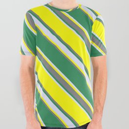 [ Thumbnail: Yellow, Gray, Sea Green, and Lavender Colored Striped Pattern All Over Graphic Tee ]