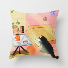 Well-Read Coffee Cat Throw Pillow