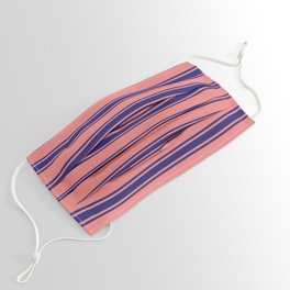 [ Thumbnail: Light Coral and Midnight Blue Colored Striped/Lined Pattern Face Mask ]