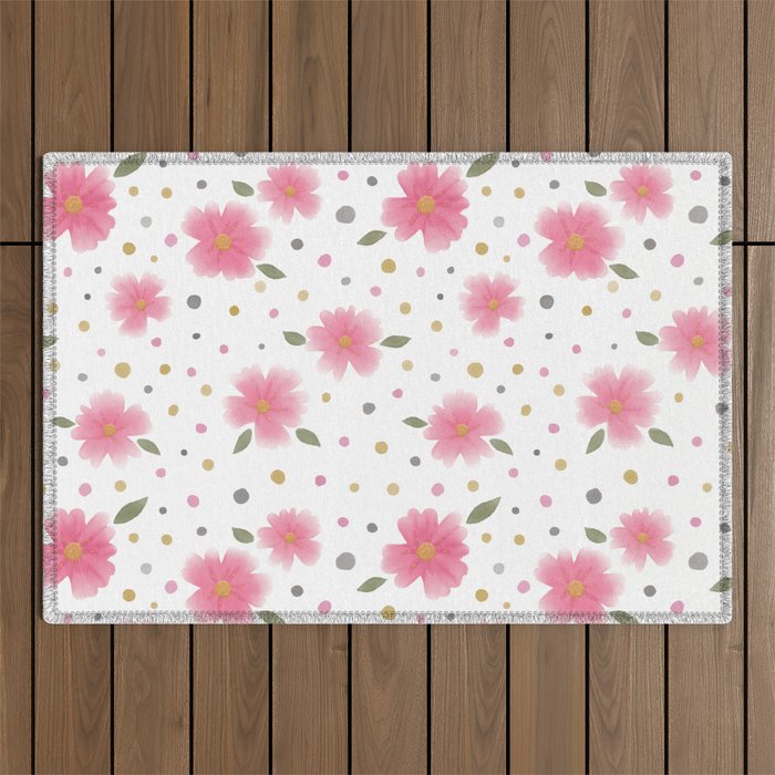 Abstract Loose Hand-painted Watercolor Cherry Blossoms, Japanese Sakura Tree Floral Pattern With Polka Dots in Gold, Blush Pink, Green and Black Color Outdoor Rug