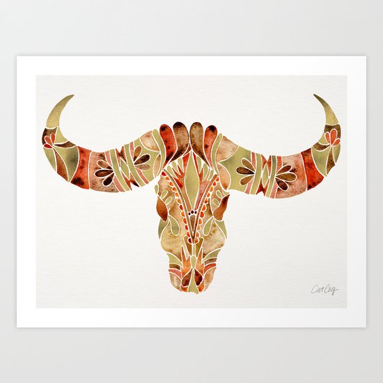 Water Buffalo Skull – Brown & Gold Art Print